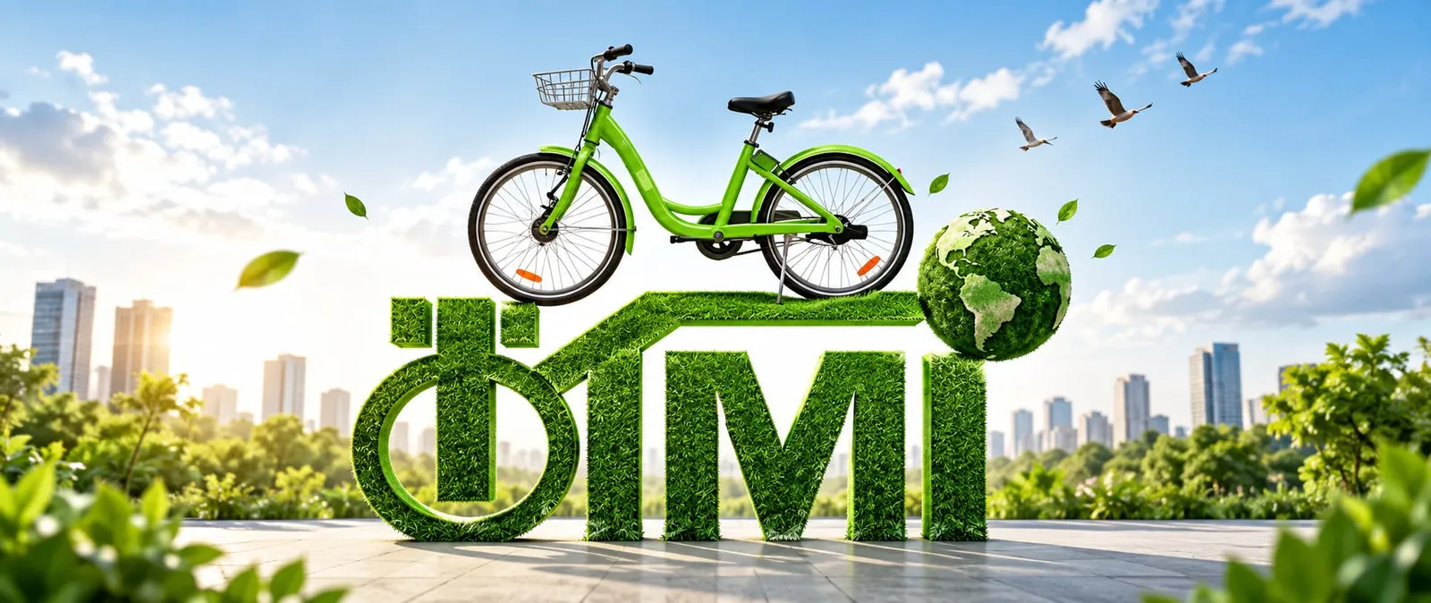 Ilustração de uma bicicleta elétrica TIMI em ambiente urbano.
